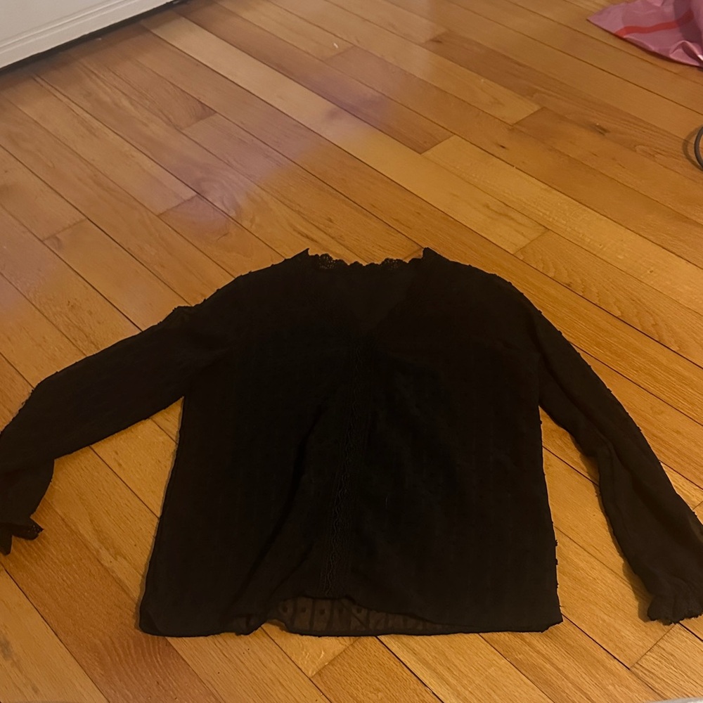 Women's Black Long-Sleeve Sheer Blouse